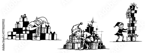 Christmas Elves Stacking Gift Boxes Festive Horizontal Banner Hand Drawn Line Art Vector