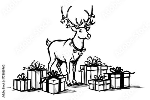 Hand Drawn Reindeer With Jingle Bells Among Christmas Gift Boxes Vector Line Art Illustration
