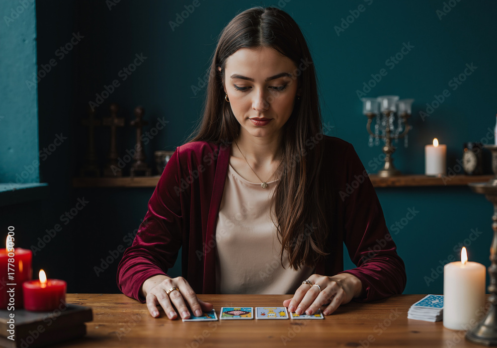 Fototapeta premium young woman focused on tarot card reading session in peaceful candlelit room