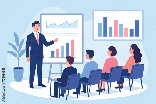 Flat Illustration Of Team Reviewing Graphs And Market Insights   