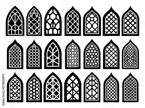 Ornamental Arched Window Lattice Set Decorative Geometric Panels Vector Collection