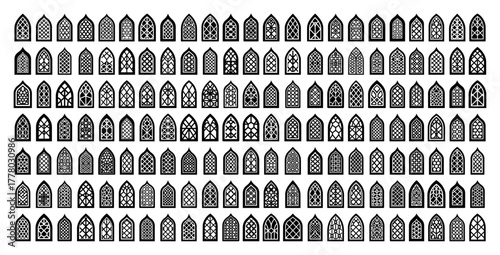 Gothic and Arabic Arched Window Vector Set Collection of Medieval Architectural Elements with Geometric Patterns