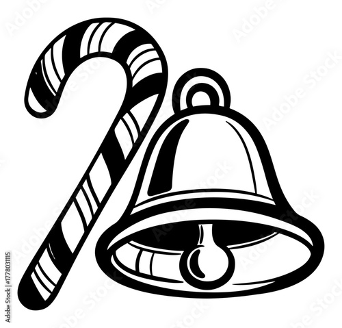 Candy Cane And Jingle Bell Icon Bold Christmas Holiday Vector Illustration
