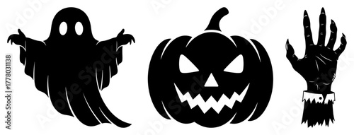 Halloween Icons Row Ghost Pumpkin Zombie Hand Spooky Vector Border Pattern