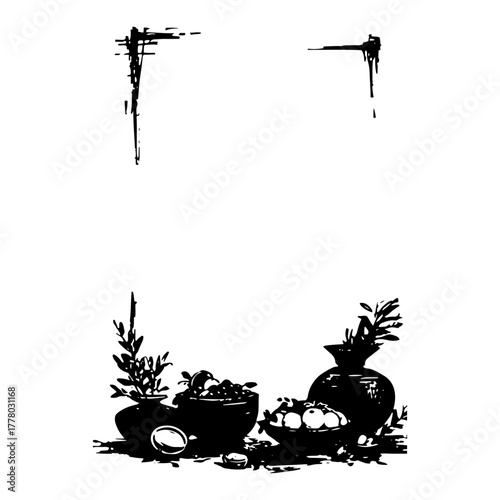 Set of Hand Drawn Mediterranean Still Life and Grunge Corners. Vector Illustration of Pottery and Olives.