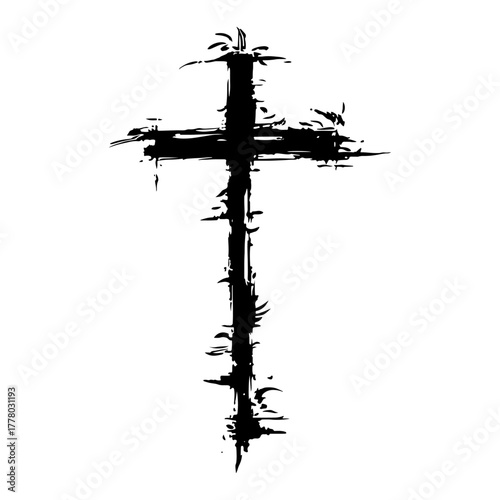 Grunge Cross Hand Drawn with Brush Strokes. Christian Symbol Vector Sketch.