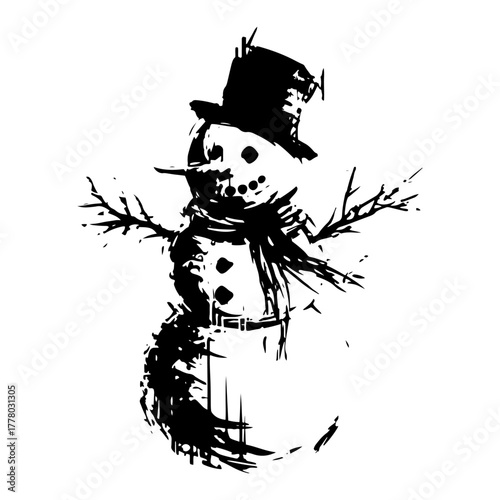 Grunge Snowman Hand Drawn Sketch. Vector Illustration for Christmas and Winter Holidays.
