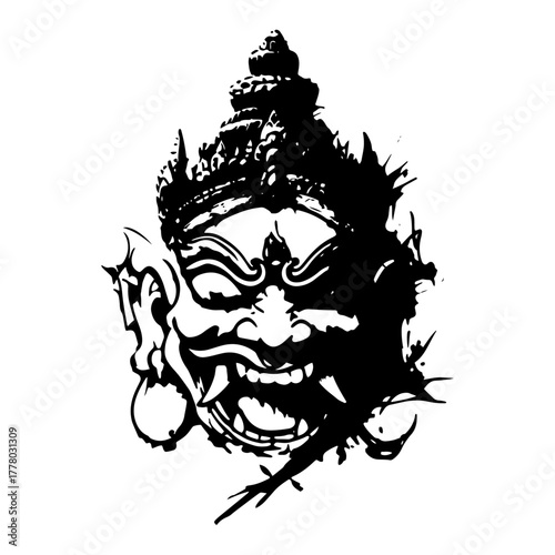 Thai Giant Yaksha Demon Mask Grunge Vector Sketch Abstract Asian Mythology Illustration