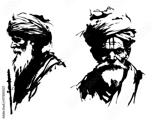 Indian Sadhu Portrait Grunge Vector Sketch Abstract Illustration of an Old Man with Turban