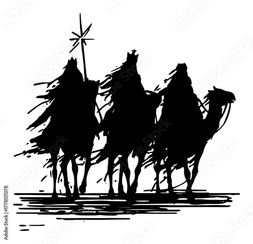 Three Wise Men On Camels Following Star Of Bethlehem Nativity Silhouette Sketch Vector