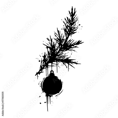 Grunge Pine Branch With Hanging Christmas Bauble Ink Splatter Hand Drawn Vector