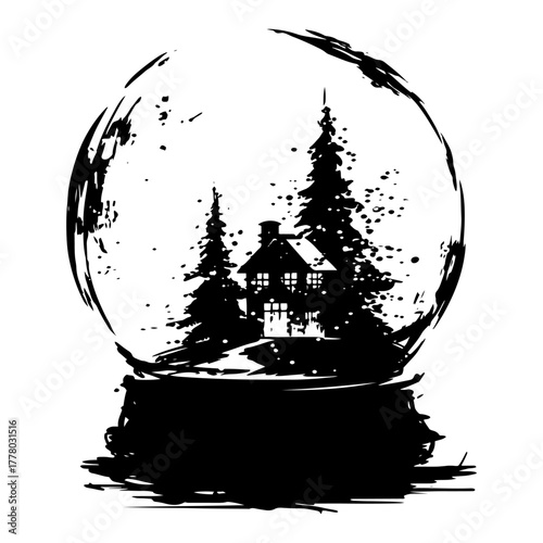 Snow Globe With Winter Cabin And Pine Trees Grunge Hand Drawn Christmas Vector Illustration