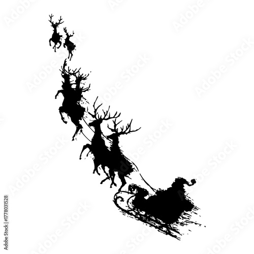 Santa Claus Sleigh and Reindeer Flying Silhouette. Grunge Christmas Vector Sketch.