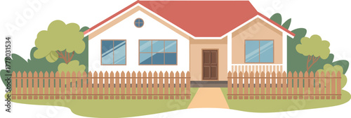 Single family home with fence and garden cartoon illustration