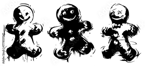 Set of Grunge Gingerbread Man Cookies. Hand Drawn Christmas Character Vector Sketch.