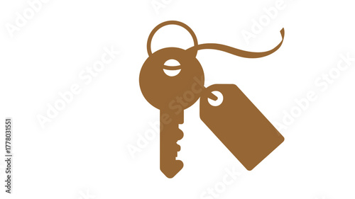 Golden key with tag on solid white background
