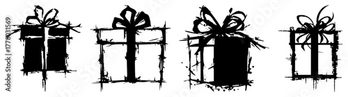Set of Grunge Christmas Gift Boxes. Hand Drawn Vector Present Icons.