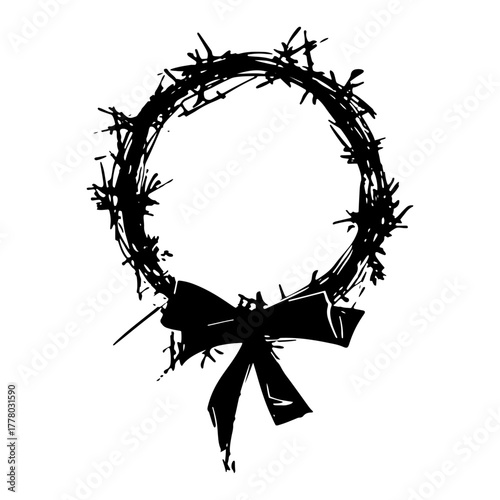 Grunge Christmas Wreath with Bow Vector Illustration Abstract Holiday Ink Sketch