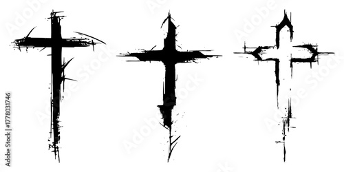 Set of Hand Drawn Grunge Crosses. Vector Christian Religious Symbol Collection.