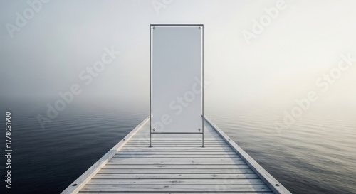 Empty billboard over misty lake with pier creates mysterious atmosphere, as empty billboard stands on misty lake. The mysteriousness of empty billboard highlights solitude and reflection.