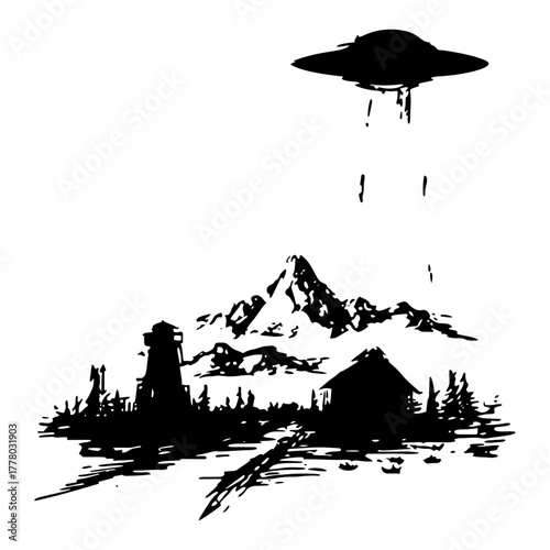 UFO Abduction Scene in a Mountain Landscape. Grunge Sci-Fi Vector Sketch with Cabin and Lighthouse.