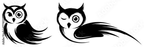 Set of Cute Stylized Owl Icons. Winking Bird Vector Logo Mascot.