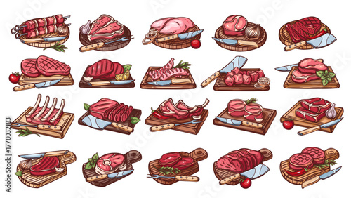 Meat products on wooden board set. Outline hand drawn color sketch of beef sirloin and fillet, ribeye and tomahawk steak with knife or fork. BBQ menu, food mascot, meat icons vector illustration