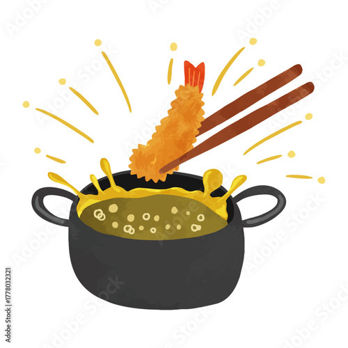 油はねしている揚げ物鍋とエビフライ　水彩風手描きイラスト