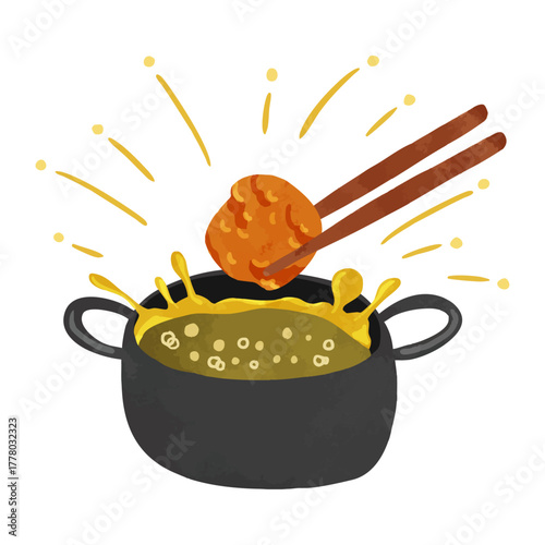 油はねしている揚げ物鍋と唐揚げ　水彩風手描きイラスト