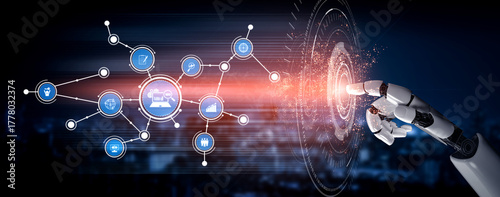 Photos A robotic hand reaches out to engage with digital data elements, symbolizing the intersection of technology and human interaction in a modern urban landscape