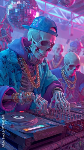 Skeleton DJ Performing in Neon-lit Club with Disco Ball and Colorful Atmosphere