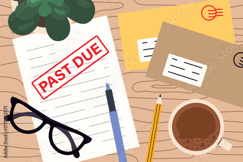 overdue bills and unpaid invoices concept; personal finance, budgeting, financial problems, payment delays- vector illustration