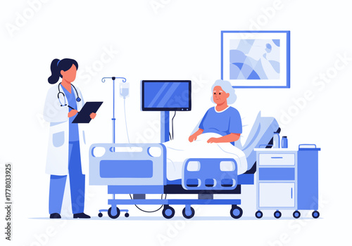 Female doctor talking with an elderly woman patient in a hospital room. Physician provides medical care and consultation to a senior in bed