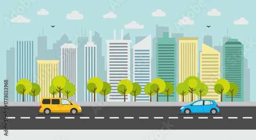 Urban Cityscape Illustration with Cars and Buildings, Modern City Graphic Design