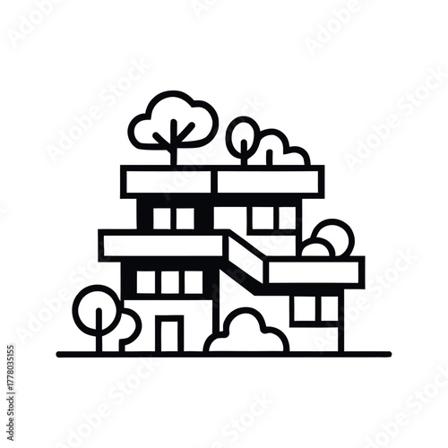 Icon Illustration of Cityscape with Solar Panel Roofs and Sun