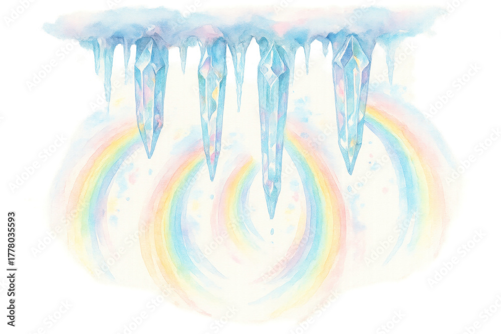 Fototapeta premium Winter fantasy watercolor art with icy crystals and sparkling icicles over soft pastel rainbows, transparent background