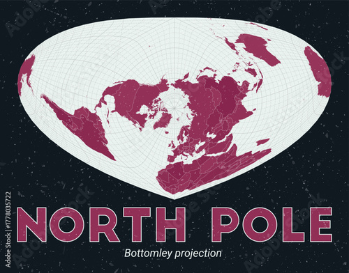 North Pole. World map. Bottomley projection centered to North Pole. Pale Mint Dark Pink palette. Vintage texture. Trending vector illustration.