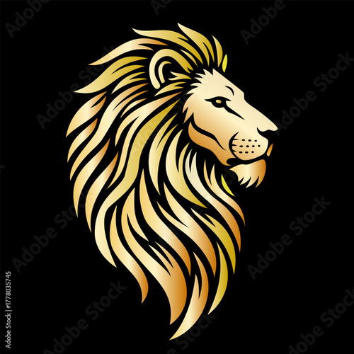 Golden stylized lion head in profile vector illustration or logo with flowing mane, symbolizing strength, power, and royalty, isolated on a solid black background.