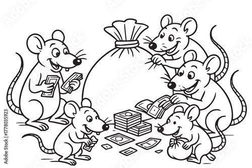 Monochrome vector design depicting a swarm of rats hoarding money, symbolizing corruption and greed in society through dark satire and minimalist artistic expression.