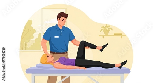 Physical therapist assists patient with leg raise exercise