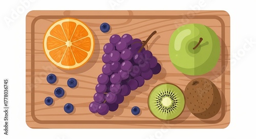 Fruits on wooden board - apple, grapes, orange, kiwi, blueberries