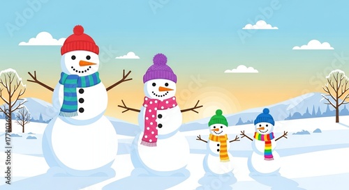 Snowman family in winter landscape