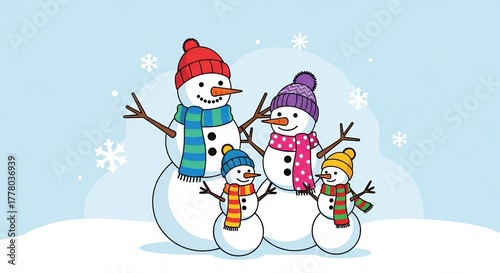 Snowman Family Together in Winter Scene