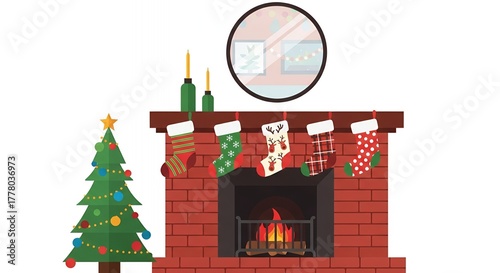 Christmas tree and fireplace with stockings