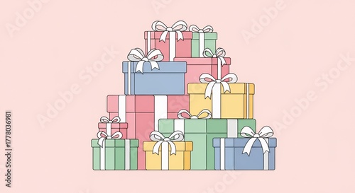 Pile of Gift Boxes with Ribbons on Pink Background