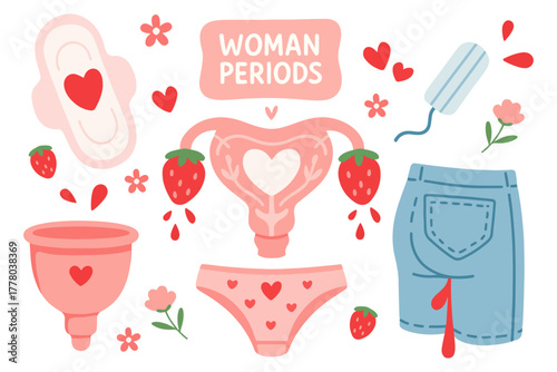 Collection of cozy flat illustration with woman's period and menstrual cycle elements: Includes pad, tampon, menstrual cup, uterus, underwear and flowers. Femine pastel body positive design.