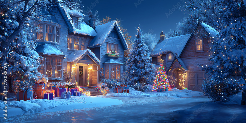 Obraz premium Escena navideña hogareña con luces y nieve, evocando calidez, unión familiar y magia invernal festiva.Casa cubierta de nieve con luces navideñas, árbol iluminado, regalos y cielo estrellado nocturno.