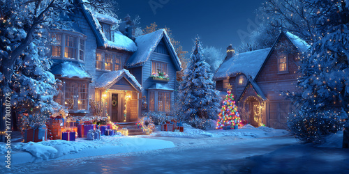Escena navideña hogareña con luces y nieve, evocando calidez, unión familiar y magia invernal festiva.Casa cubierta de nieve con luces navideñas, árbol iluminado, regalos y cielo estrellado nocturno.