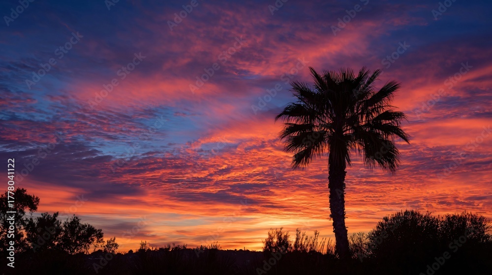 Obraz premium Sunset silhouette: A dramatic and captivating landscape, as the last light of day casts a vibrant glow across the sky, with a solitary palm tree.