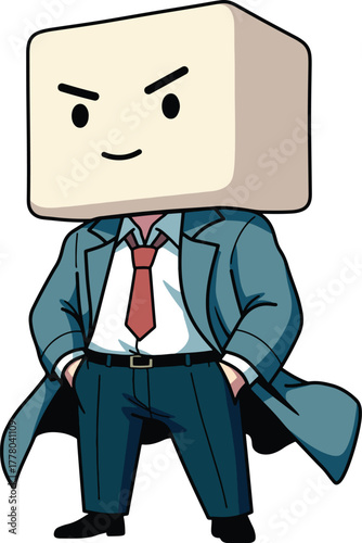 Confident Block-Headed Character in a Trench Coat